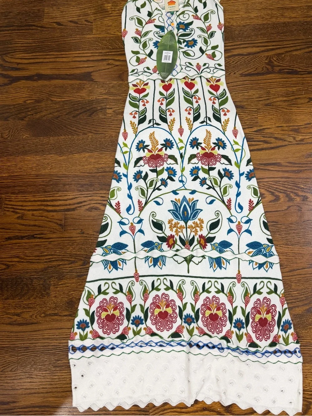 Farm Rio Garden Stitched sleeveless Floral Embroidered White Midi Dress, NWT